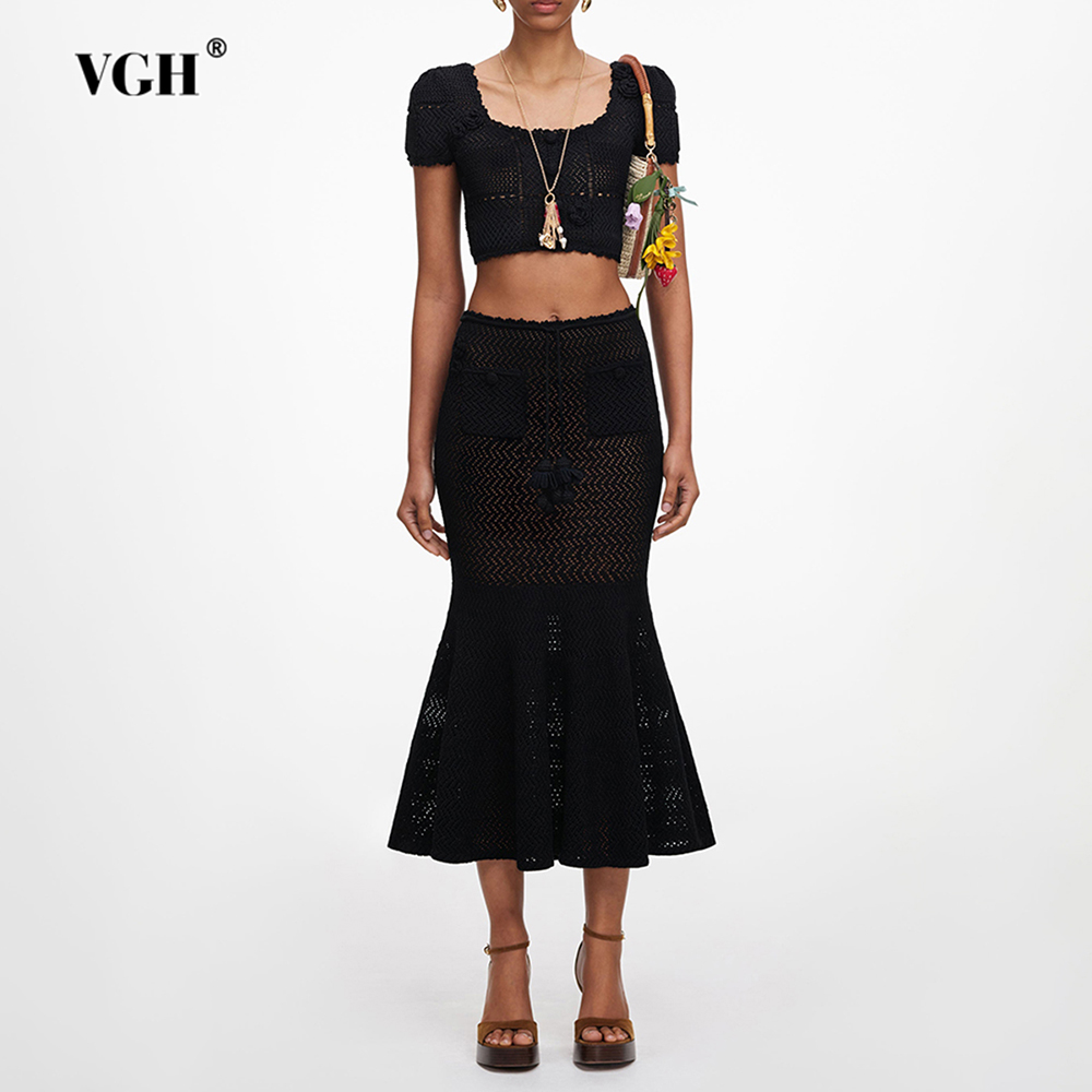 Crop Top Crochet - Комплект VGH: черный вязаный костюм-двойка с